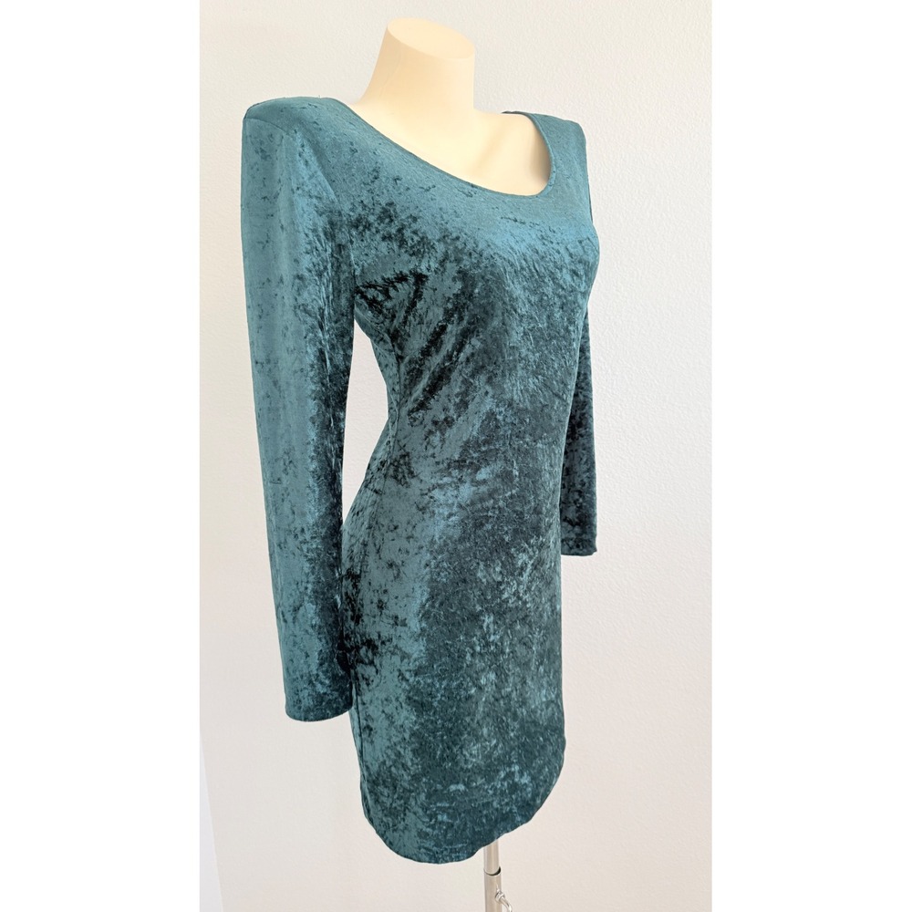 VTG 90s Grunge All That Jazz Green Crushed Velvet Long Sleeve Mini Dress S - Picture 6 of 9